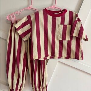 Kids Stripe tee shirt and pant set - dark red & Cream